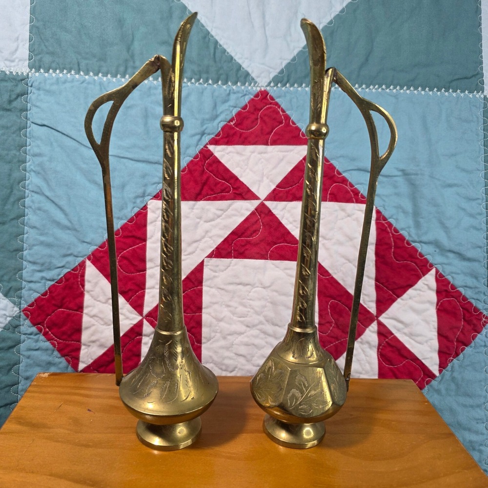 Fluted Bud Vase Set Gold Brass Engraved Floral Vintage Skinny Spout